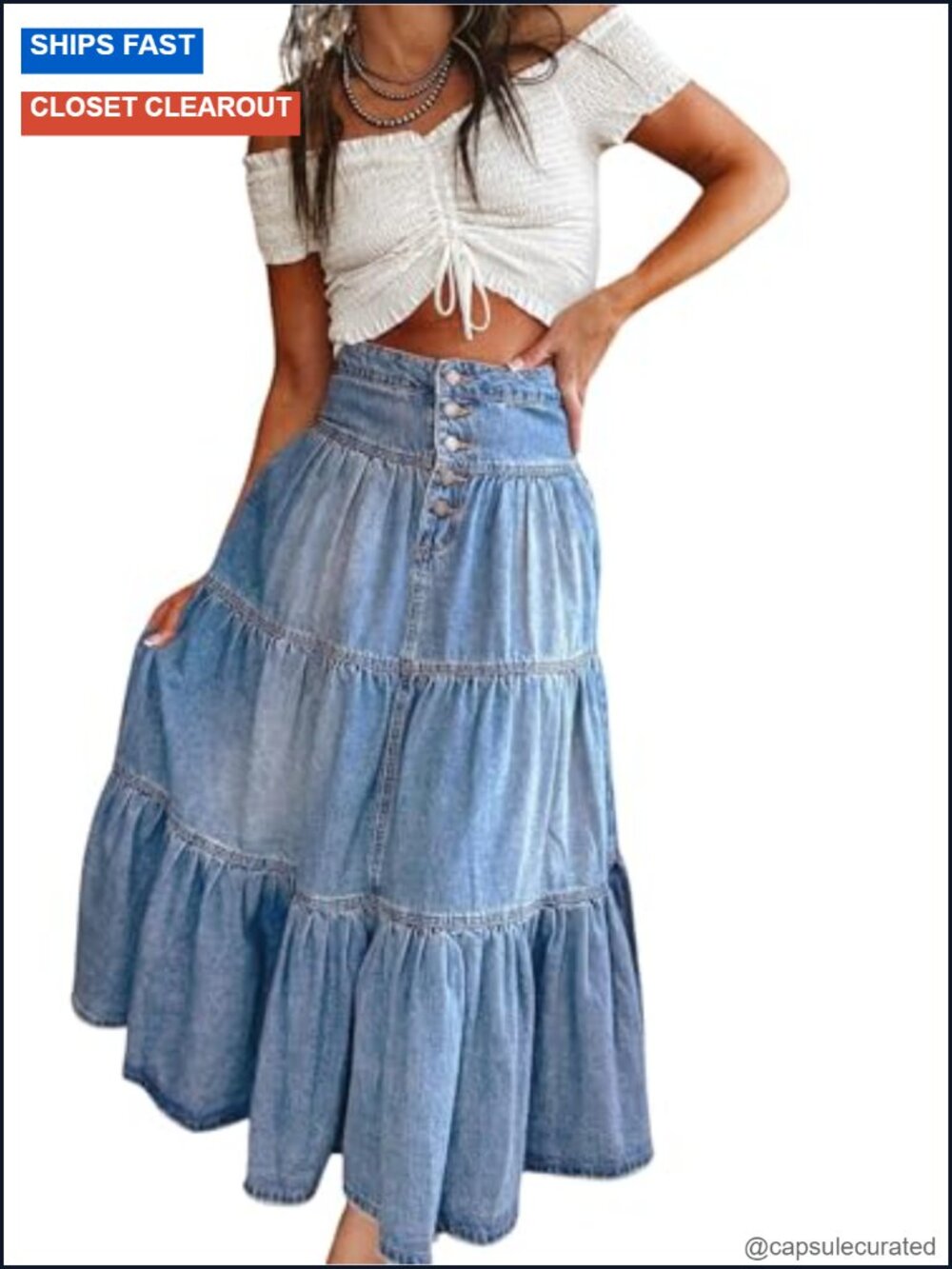 Boho Frayed Tiered Denim Skirt Pleated Ruffle A-Line Maxi Long Jean Skirt